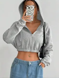 Women's Solid Color Drop Shoulder Long Sleeve Hoodie, Casual Short Jacket for Spring & Autumn Seasons, Stylish Daily Wear Apparel