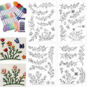 4 Sheets Water Soluble Embroidery Stabilizer, Stick & Stitch Floral Daisy Patterns, Wash Away Transfer Paper for Hand Sewing Beginners, Easy Removal