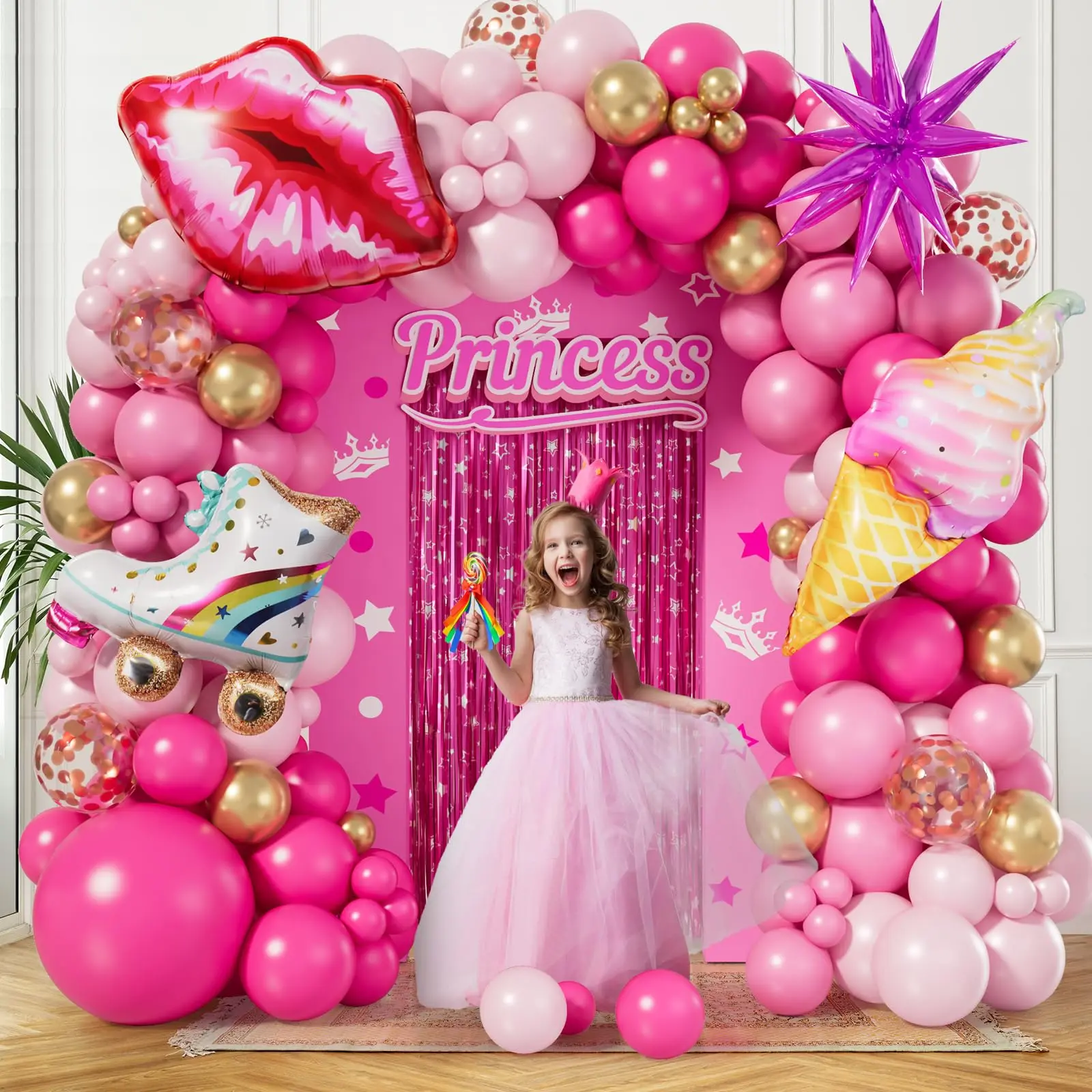 128 Hot Pink Balloon Arch Kit  Metallic Star Confetti Balloons For Theme Princess Party Birthday Girl Shower Anniversary Wedding Valentines Day Graduation Decorations