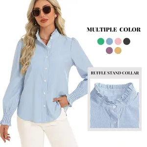 Funlingo Women's Elegant Soft Long-Sleeve Striped Button-Down Blouse - Lady's Ruffle Collar Smocked Cuffed Shirt for Spring Work Business Casual Wear