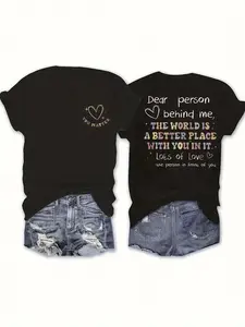 Inspirational You Matter Front & Dear Person Behind Me Back Print Black T-Shirt - Comfortable Crew Neck Short Sleeve Graphic Tee, Super Soft & Breathable Top, Positive Message for Everyday Wear, Friendship, Or Encouragement Gift for Women & Men