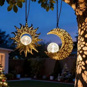 BougeRV Solar Hanging Sun or Moon Light (Sold Separately), Metal Lantern with Pierced Design, Outdoor Decor for Yard Garden Patio Porch Tree Wall, Gift for Women Mom