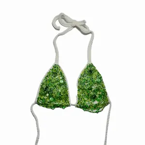 Crochet Beaded Bikini Top with Green Glitter and Adjustable Straps for Summer Beachwear