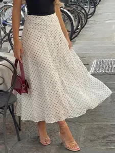 French Vintage High-Waisted Polka Dot Midi Skirt, Mesh Fabric, Flowy A-Line Design, Chic Elegant Mid-Length Dress, Perfect for Special Occasions, A Line Skirts, Womenswear