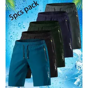 Men’s quick-dry swimwear and running shorts set (total 5 pieces), featuring zippered pockets — lightweight ice-feel fabric, loose breathable swim trunks; navy blue, dark blue, black, teal green, gray Men's Casual solid pocket cargo short flap