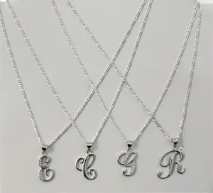 Sterling Silver Initial Cubic Zirconia Necklace, Figaro Link Chain 2mm, Sterling Silver .925