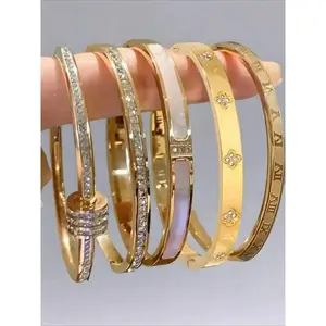 Elegant Minimalist Bangle Stainless Steel Bracelet Set, 5-Piece Fashionable Classic Design, Jewellery Accessories, Perfect for Daily Wear & Special Occasions