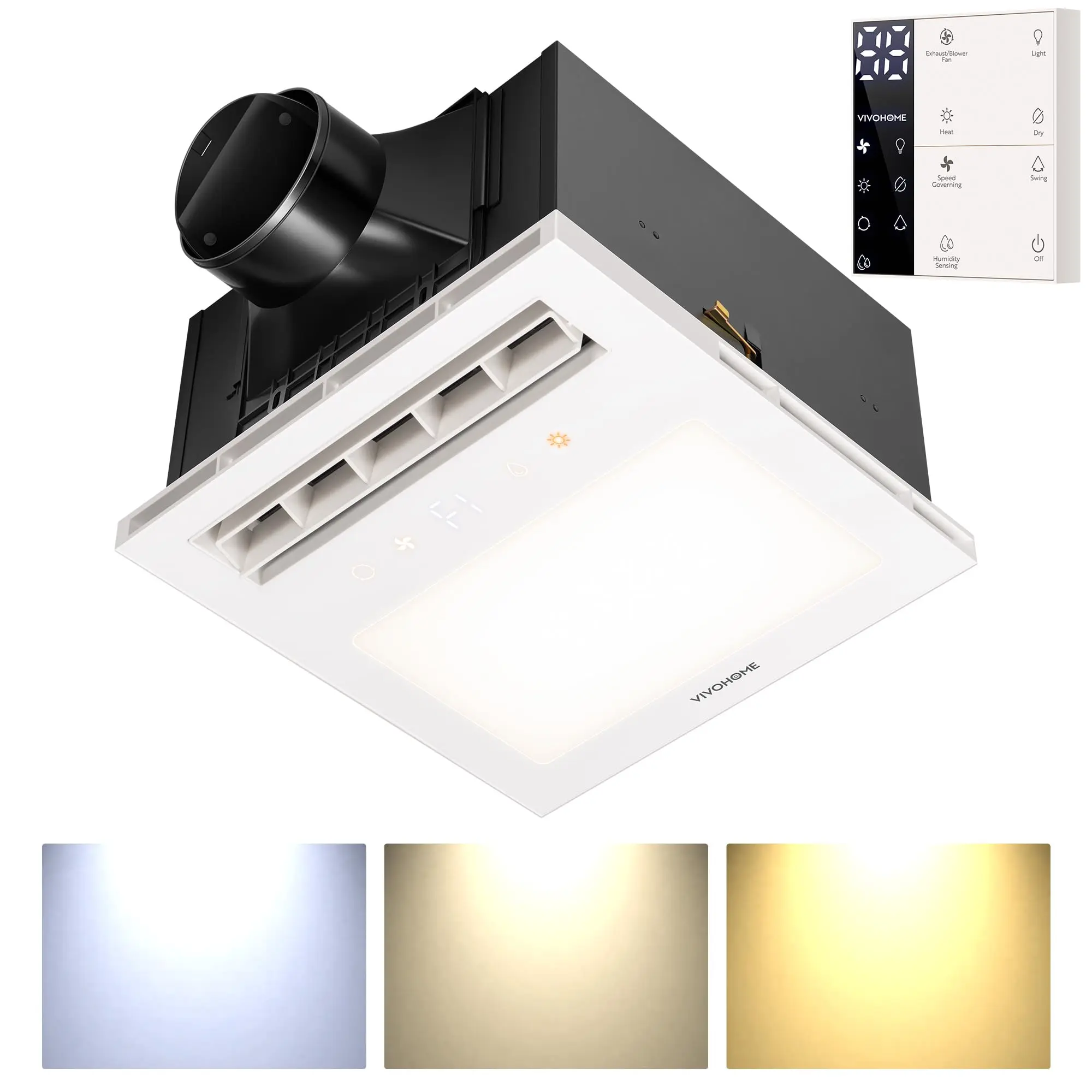 VIVOHOME Bathroom Exhaust Fan with PTC Heater, Humidity Sensor & LED Light, Ceiling Mount Ventilation Fan, 160 CFM DC Motor, 3 Color Temperatures, Remote Control, Oscillating Louver