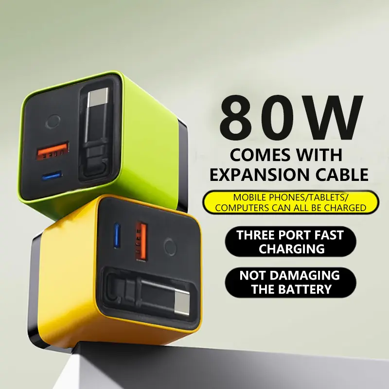 TOBRBE 3 in 1 GaN Charger, Retractable 80W MAX Fast Charger Block with Type-C Cable & 2 USB Ports, Portable Adapter iPhone Smartphone Electronic, Yellow, Cellphone, Folding Charging