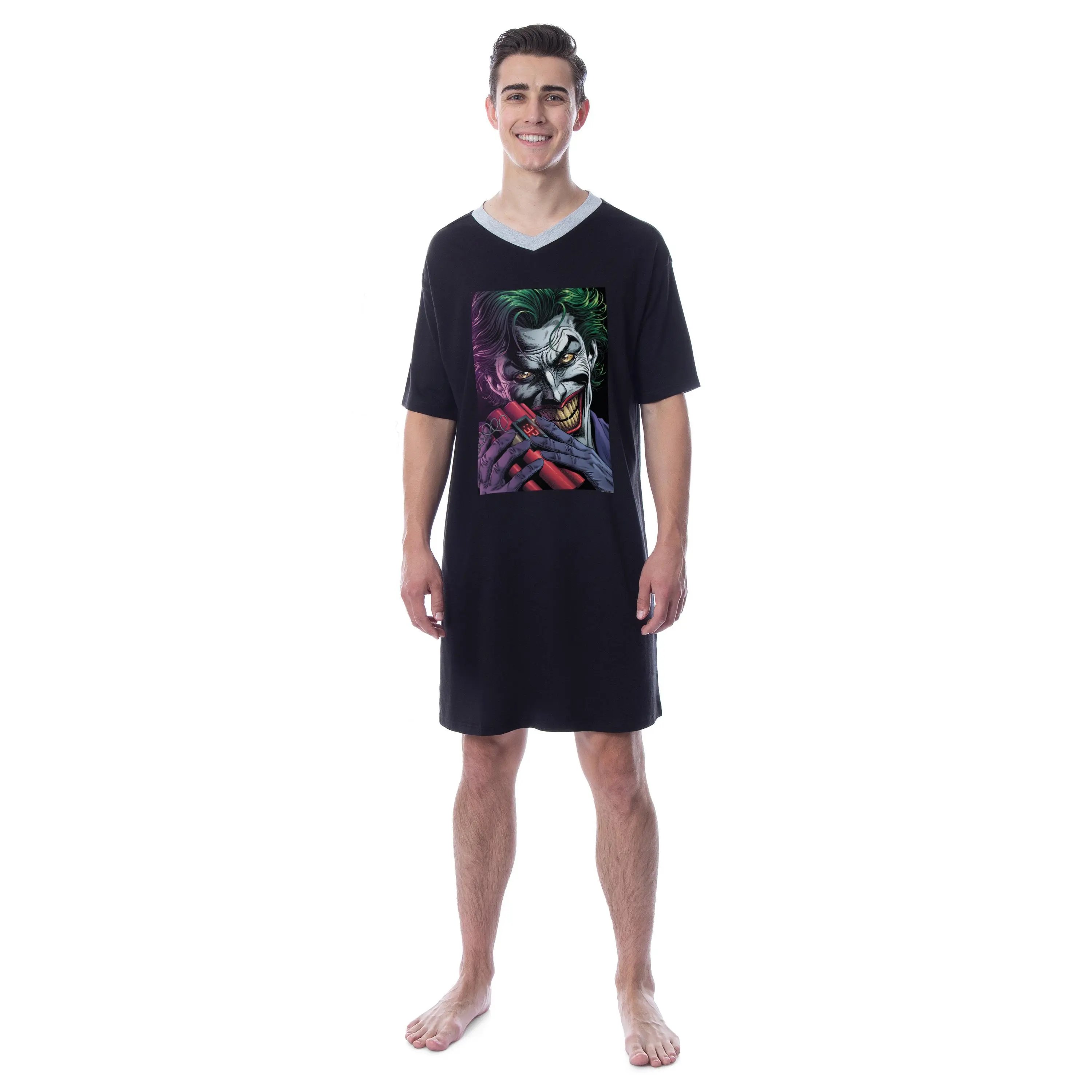 Warner Bros Men's Casual V-Neck Short Sleep Shirt - The Joker Graphic Cotton-Polyester Blend Loungewear Apparel with Round Graphic Accents for Valentine's Day, Mother's Day, Holiday, Nightwear