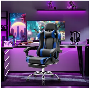 Gaming Chair with Footrest, Ergonomic Office Computer Desk Chair w/Spring Cushion, Lumbar Support & Headrest, Black/Blue