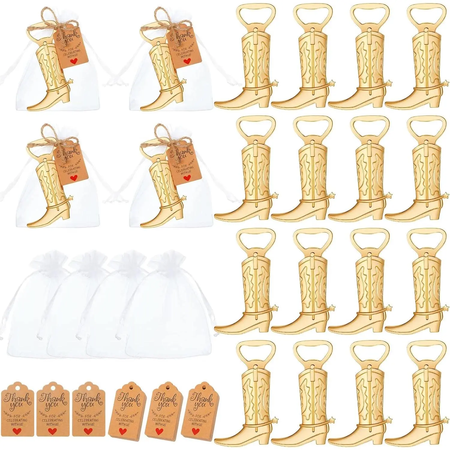Sturdy Metal Cowboy Boots Bottle Openers Set, Kitchen Utensils with White Organza Bags, Thank You Tags & Jute Rope for Wedding Party Favors