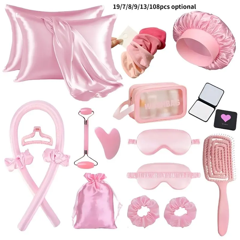 Series Satin Hair Care Tool Set, Heatless Haircare, Heatless Styling Tools, No Heat Curling Iron, Heatless, Smooth Anti-Frizz, Sleep Cap Eye Mask, Silk Pillowcase, Home & Travel Beauty Kit