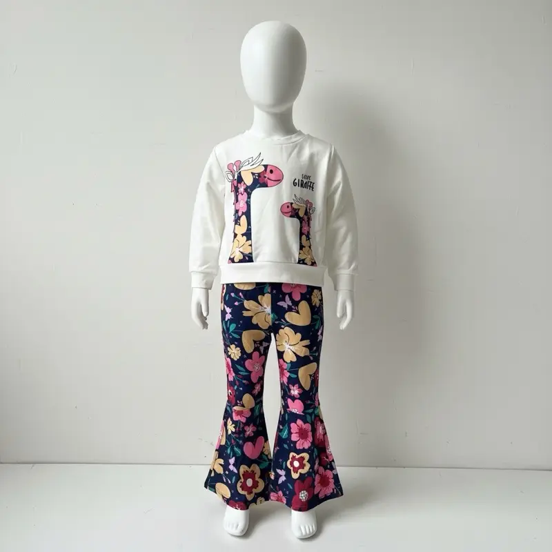 Giraffe Print Sweatshirt & Floral Pants Set - White Cream Top with Giraffe Design, Dark Blue Pants with Floral Motifs, $15 L