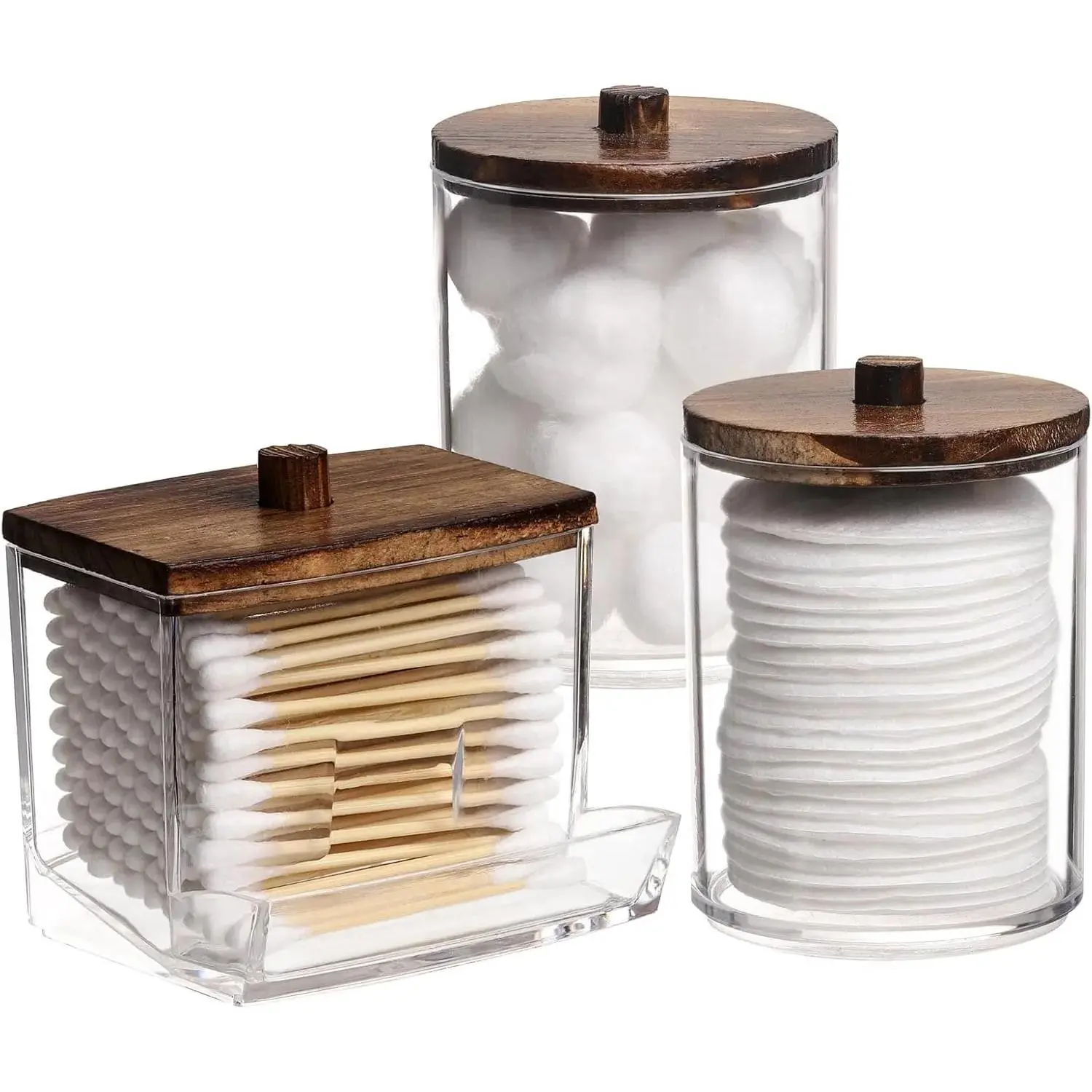 Apothecary-Style Q-Tips Dispenser Canister - 3-Piece 10/7 oz Plastic Containers with Wooden Lid, Resealable Bathroom Organizer for Cotton Balls, Cotton Rounds, Flossers, Three Pieces