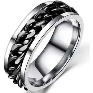 8mm Stainless Steel Chain Inlay Rotating Spin Wedding Band Biker Ring