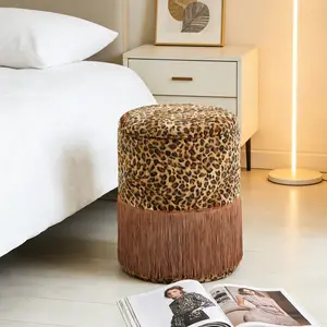 Round Storage Ottoman & Footrest Farmhouse Tassel Fringe Vanity Chair Velvet Upholstered Stool with Non-Slip Mat Accent Seating for Living Room Bedroom Home Decor