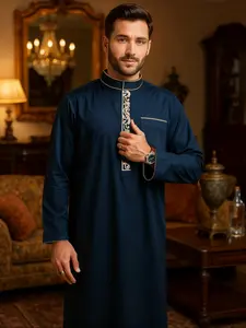 Muslim Traditional Robe Men, Modesty Thobe, Indigo Blue Stand Collar Ethnic Embroidered Front, Eid Al Fitr Hajj Festival Arabic Clothing
