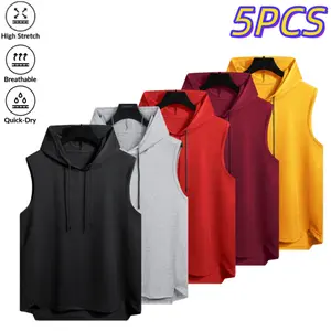 Men’s sleeveless hooded tank top 5-pack, minimalist sporty style, high stretch breathable quick-dry, drawstring hood with curved hem, versatile for gym, commuting, and home wear fathersdaygift