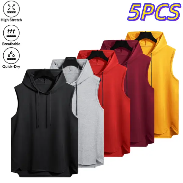 Men’s sleeveless hooded tank top 5-pack, minimalist sporty style, high stretch breathable quick-dry, drawstring hood with curved hem, versatile for gym, commuting, and home wear
