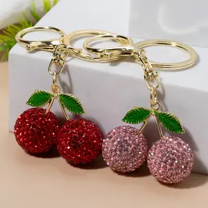 Full Diamond Inlaid Cute Cherry Keychain, Sparkly Rhinestone Bag Charm, Bling Shiny Crystal Purse Accessories, Fashion All-Match Pendant for Women Girls, Exquisite Birthday Party Gift