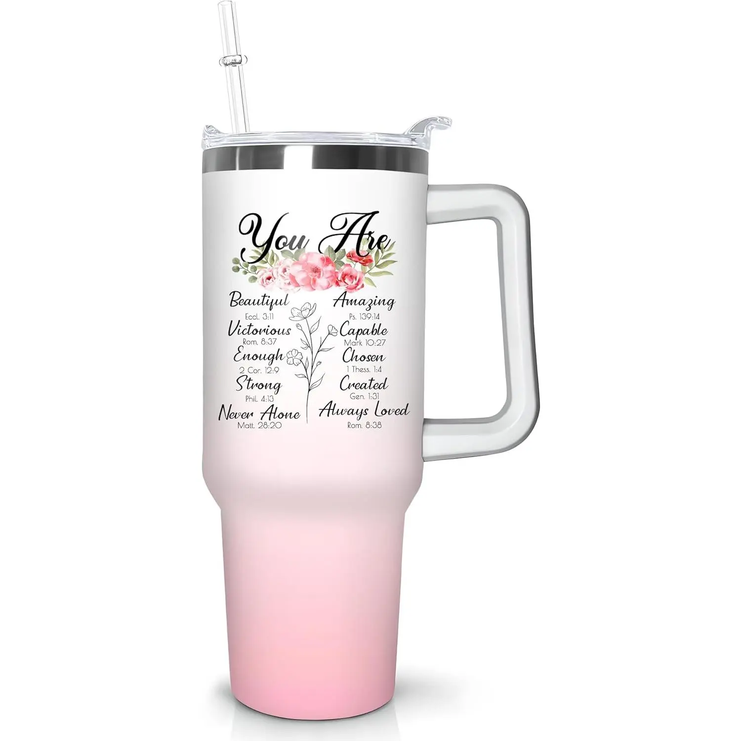 40oz Insulated Stainless Steel Vacuum Flask Tumbler-Mug, Printed Christian Inspirational Designs, Handle, Straw Transparent Leakproof Lid, Portable Catholic Gift for Mom, Wife, Coworker, Keeps Coffee/Beverage Cold 12H, Thanksgiving Kitchenware Drinkware