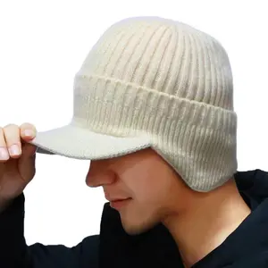 lightweight Men's Winter Fleece-Lined Beanie with Visor - Thickened Windproof Knit Hat, Cold Weather Duckbill Skullcap