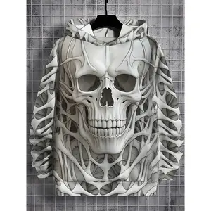 MEN'S 3D skull print hoodie, casual crew neck sweatshirt, 100% polyester knit fabric, slight stretch, regular fit, spring/fall outdoor sports comfort-200gsm