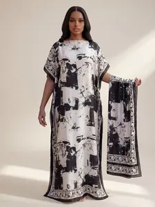 Women's All-Over Printed Long Robe Set, Sexy Style Beachwear, Sun Protection Satin Scarf & Headband, Perfect for Summer, Swimwear Cover Up, Swimwear Coverups, Swimsuit Cover Ups