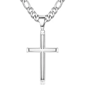 ZELORES 1PC Unisex Stainless Steel Crucifix Necklace - Durable Figaro & Cuban Long Chain, Fashion Jewelry Accessories, Statement Cross Necklace for Daily Streetwear, Party Gifting (Includes Pendant), Crucifix Necklaces