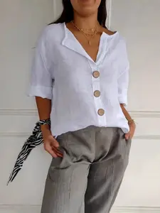 Summer New Versatile Slimming Top, Loose Fit Casual V-Neck Cotton Linen Fabric Button T-Shirt, Comfortable Breathable Women's Blouse, Button Up Shirts, Womenswear
