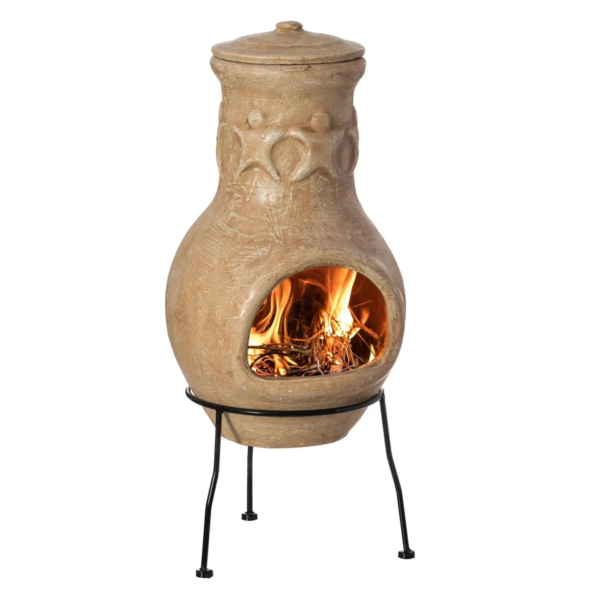 Vintiquewise QI004350 Beige Outdoor Clay Chiminea Outdoor Fireplace Maya Design Charcoal Burning Fire Pit with Sturdy Metal Stand Barbecue Cocktail Party Family Gathering Cozy Nights Fire Pit