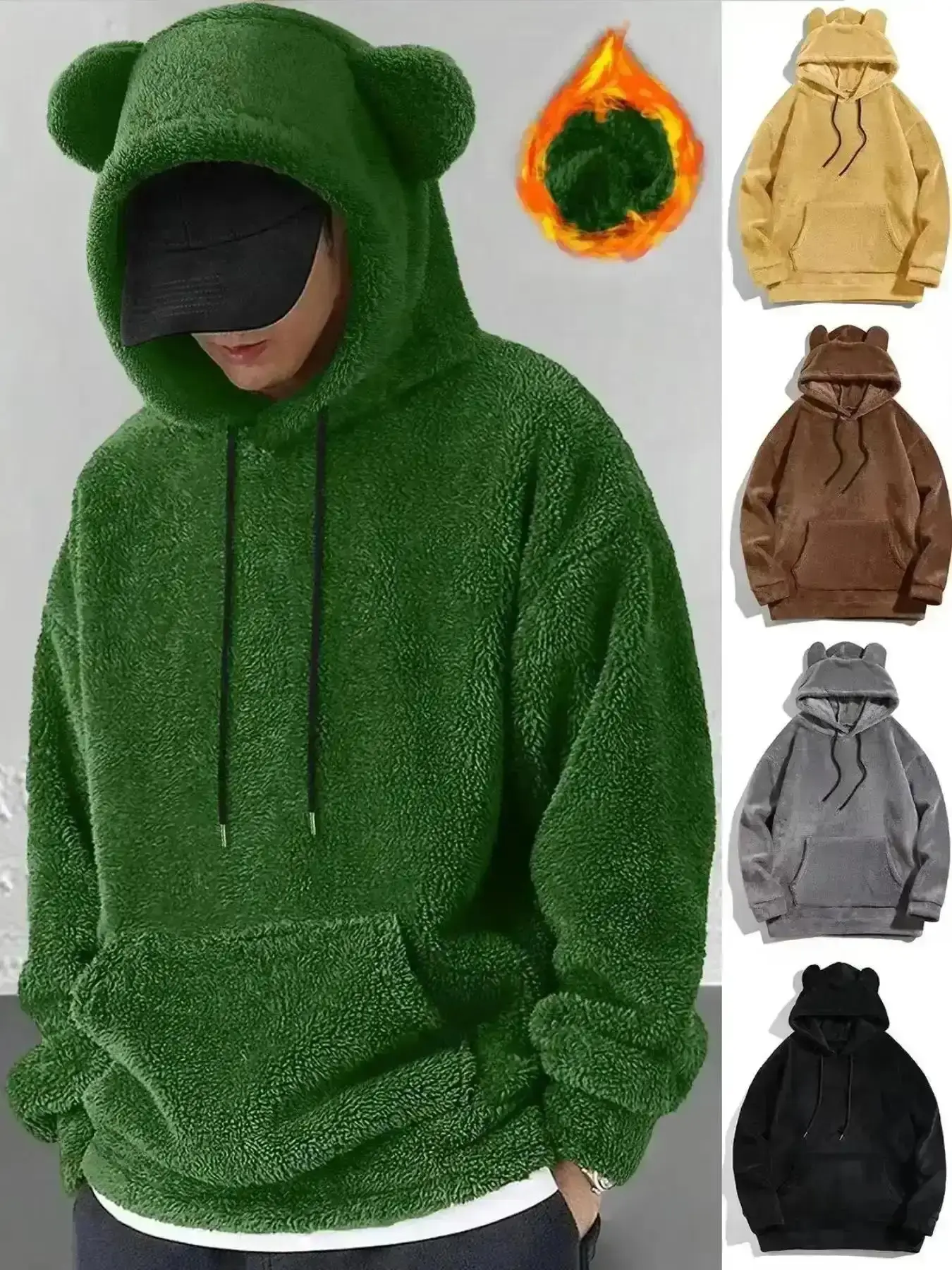 Men's Fall Winter Hoodie Bear Ears Design, Fleece Warm Fitted Casual Sweatshirt, Large Pocket Couple, Piece, AllDayComfort, ModernClassic, ComfortWear, BasicStaple, AllDayWear, Lightweight
