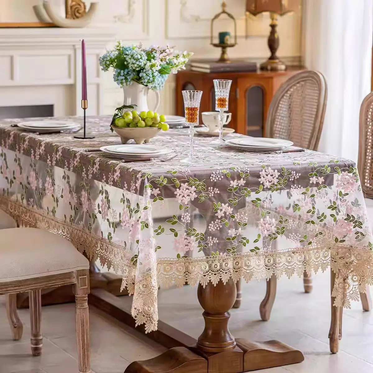 This elegant, floral lace-embroidered tablecloth is the perfect choice for table decorations at birthday parties, celebrations, weddings, bridal gift parties, tea parties, as well as Halloween and Christmas.