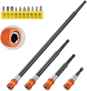 4pcs Drill Bit Extension Set with 10pcs Screwdriver Bits, Magnetic Drill Bit Extender with Aluminum Sleeve, 1/4 Inch Hex Bit Holder for Impact Driver, 2",4",6",12'' Long