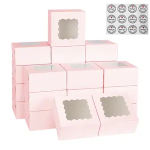 24set/48set Pink Cookie Boxes with Window ，White Bakery Boxes,Mini Treat Boxes for Dessert, Mini Bundt Cake and Individual Cheesecakes(3.39x3.39x2.48 Inch)