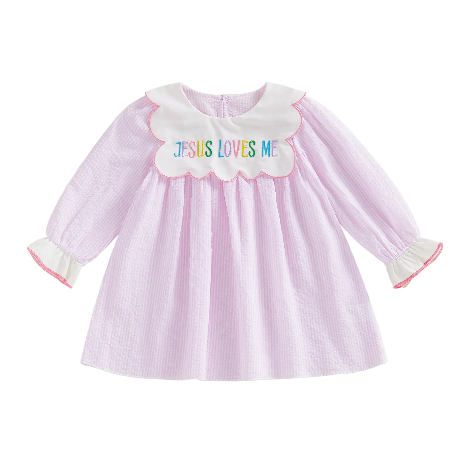 Toddler Girls' Striped Pattern Bubble Dress - 1 Dress, 12-18 Months, Long Sleeve, Polyester, Embroidered "JESUS LOVES ME" Text, Bubble Cuffs, Spring Summer Kids' Clothing