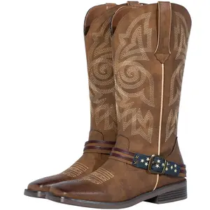 J's.o.l.e Women's Western Cowgirl Boots, Embroidered Cowboy Boots for Women, Square Toe Mid-Calf Boots, Comfortable Block Heel Western Boots, Pull-On Fashion Boots cowboyboots