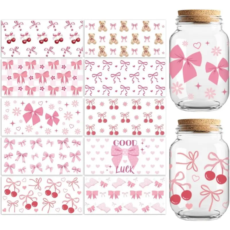 UV DTF Cup Wraps Transfer Stickers Bows Pattern, 10 Sheets Waterproof Custom Vinyl Transfer Sticker 16oz Coffee Glass Cup Tumbler Bottle Mug Decals for Men Women