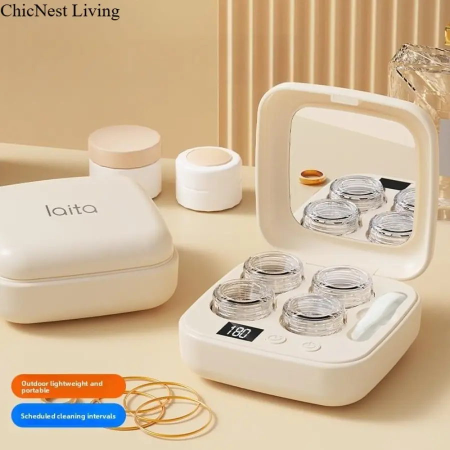 Rechargeable Ultrasonic Contact Lens Cleaner Kit - Portable Compact Case with Vanity Mirror, 3 Deep Cleaning Modes, Hard & Soft Lens Compatible, On-the-Go Sanitizer for Travel & Home Use, Lens Kit