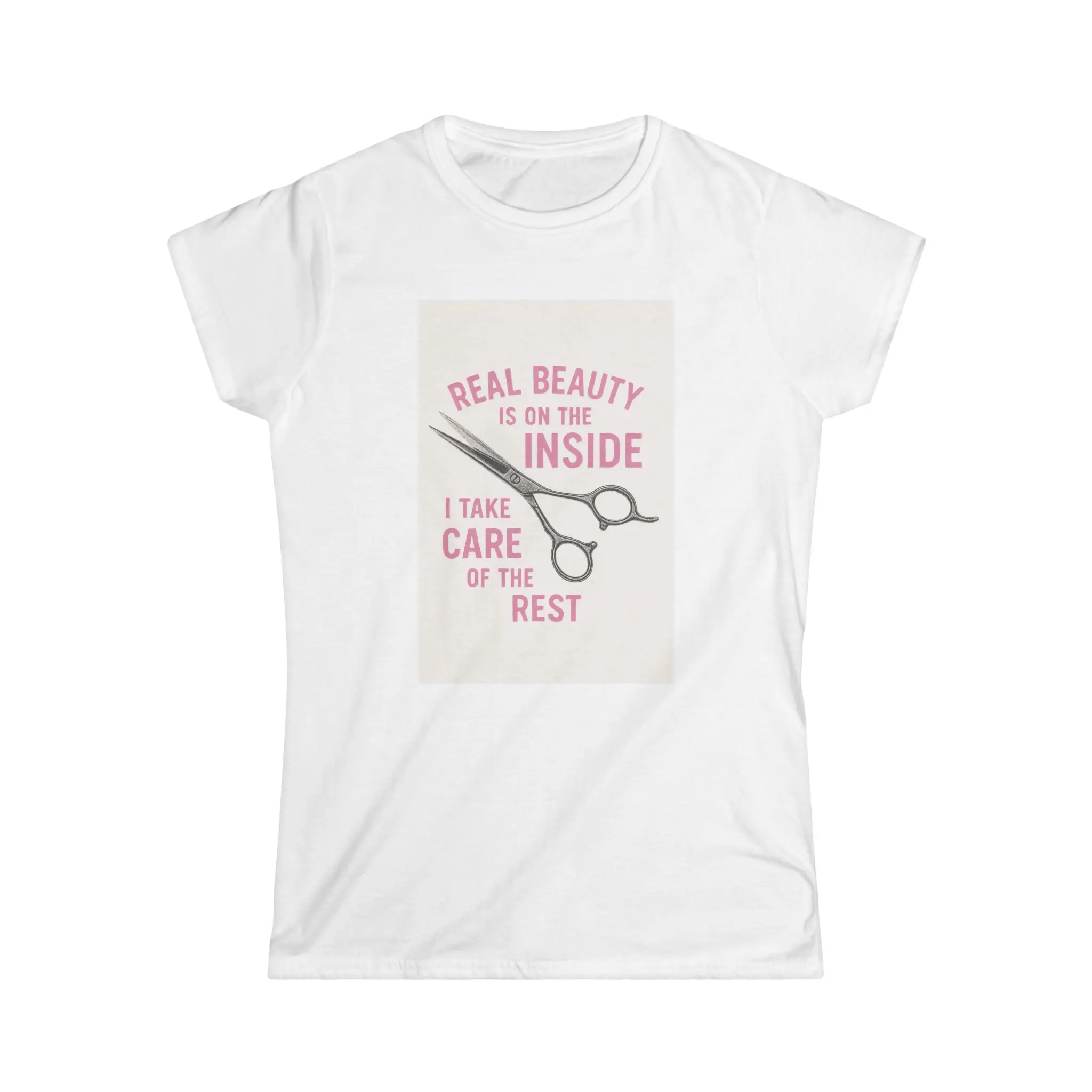 REAL BEAUTY Women's Scissors Graphic T-Shirt, Light Ringspun Cotton Short Sleeve Top, Casual Semi-Fitted Cut with Ribbed Collar & Durable Bottom Hem, Print, Knit, Round Neck, Shortsleeve, Fabric, Lightweight, Simple
