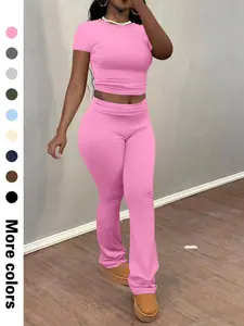 Women's Solid Color Crop Tee & Flare Leg Pants Two-piece Set, Casual Fashion Cozy Round Neck Short Sleeve Top & Trousers for Daily Outdoor Wear, Ladies Clothes for Summer
