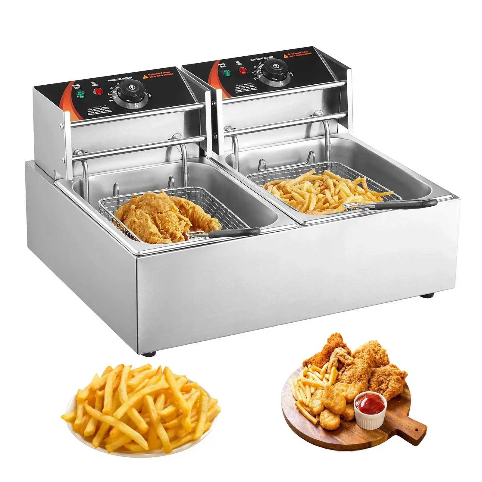 Countertop Deep Fryer - Dual 3000W Tanks with Baskets, 2x9.1Qt/8.6L Stainless Steel Build, Temp Control, Overheat Protection for Kitchen, Restaurant Use