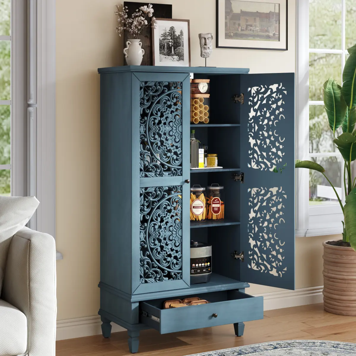 55-in Tall Rustic Blue Carved MDF Board Cabinet with Doors, Sturdy Frame Space-Saving Indoor Storage Furniture with 2 Doors & 1 Drawer for Living Room, Small Room Ideas