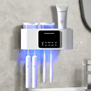 Toothbrush Sterilizer & Holder with 2 Cups Smart UV Sterilization for Effective Cleaning Drying Bathroom Organizer White Sticky Hook Quick Drying
