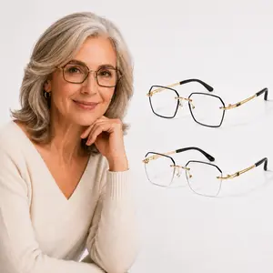 Black Gold Polygonal Reading Glasses, Photochromic Blue Light Filter HD Lenses, Lightweight Metal Frame for Office & Outdoor Use