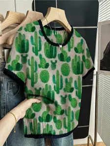 Women's Vintage American Style Cartoon Cactus Print Round Neck Sweater, Casual Short Sleeve Knitwear for Spring Summer Fall