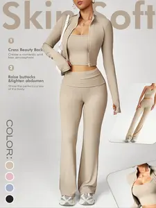 Women's Yoga Exercise Set, Casual Sexy Outdoor Running U-Back Top, Comfortable Tight-Fitting Long Pants, High Neck Sleeveless Jacket, Fitted Design Activewear, Stretchy Suit Set