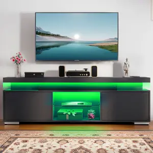 DWVO Black TV Stand with LED Lights and Power Outlet, Modern Entertainment Center for 55/60/65 Inch, Media Console Table TV Cabinet with Storage, Universal TV Stand for Living Room