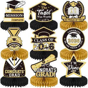 9Pcs Graduation Centerpieces for Tables 2026 - Graduation Table Decorations Black and Gold Honeycomb Centerpiece Class of 2026 Congratulate Table Toppers Congrats Grad Party Supplies